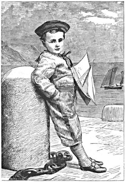A little boy, wearing a sailor suit and carrying a toy boat