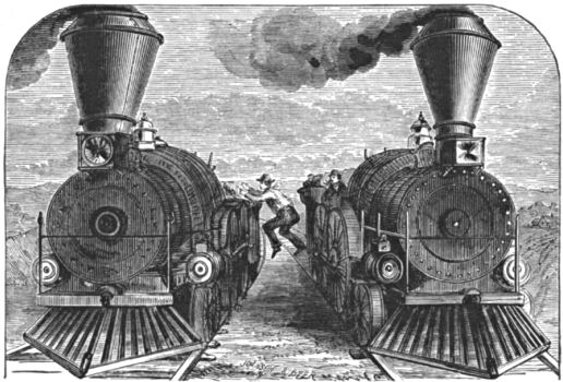 A man jumps from one steam locomotive to another