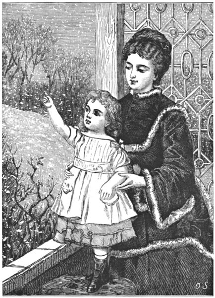 A little girl, held by a woman, reaches a finger towards falling snowflakes