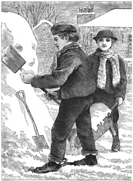 Two boys build a snowman