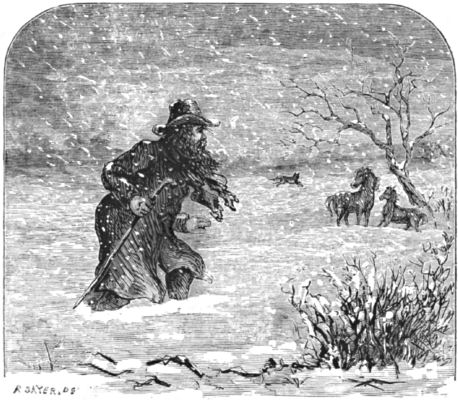 Uncle Godfrey wades through snow, two horses and a dingo nearby