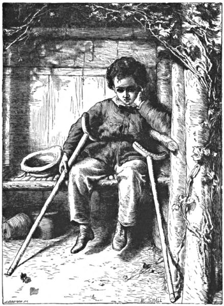 Jacques, with his crutches, sits on a bench under a tree