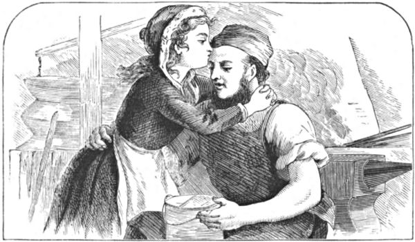 The girl kisses her father on the forehead