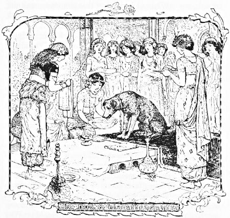 The dog is served water by one of his many attendants