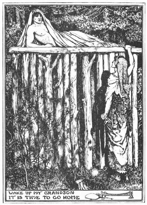 The witch speaks to Ball-Carrier, who is lying on a platform