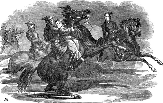 The party tore along the road, shaking it as the
prairie shakes when it is swept over by a herd of buffaloes.