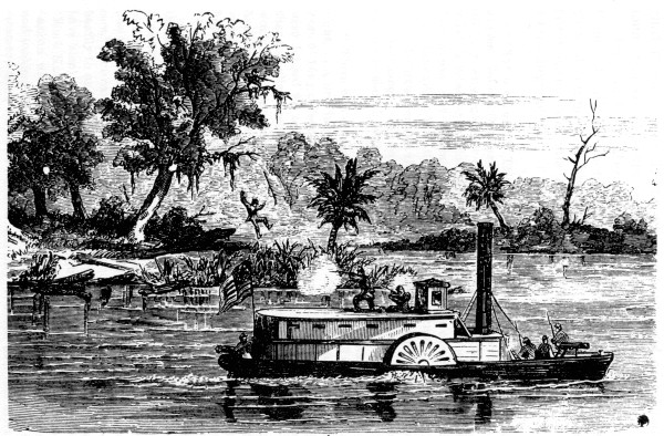 PHALANX RIVER PICKETS DEFENDING THEMSELVES.

Federal picket boat near Fernandina, Fla., attacked by Confederate
sharpshooters stationed in the trees on the banks.