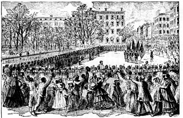 PHALANX REGIMENT RECEIVING ITS FLAGS.

Presentation of colors to the 20th United States Colored Infantry, Col.
Bertram, in N. Y., March 5th, 1864.
