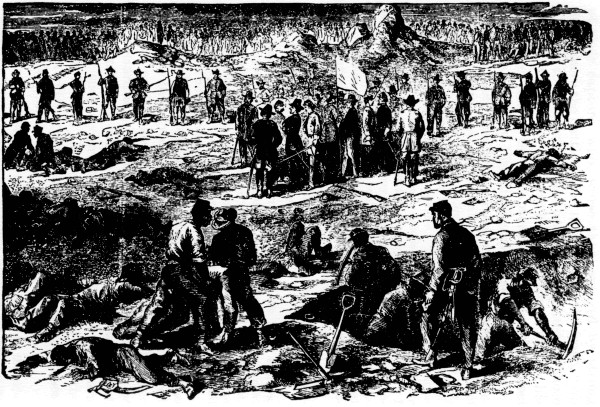 BEFORE PETERSBURG.

Phalanx soldiers, under a flag of truce, burying their dead after one of
the terrible battles before Petersburg.