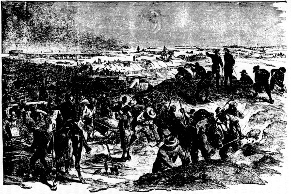 DOING MILITARY DUTY FOR THE CONFEDERATES.

Negroes building fortifications for the Confederates at James Island, S.
C., under direction of General Beauregard, to repel the land attack of
the Federal troops.