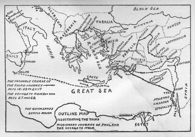 Outline map illustrating the third missionary journey of Paul and the voyage to Italy.