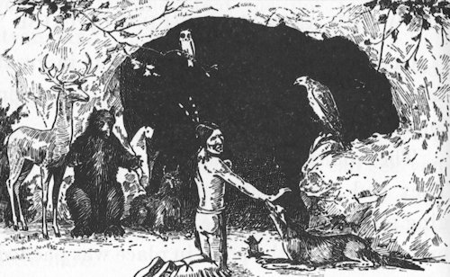 At the opening of a cave