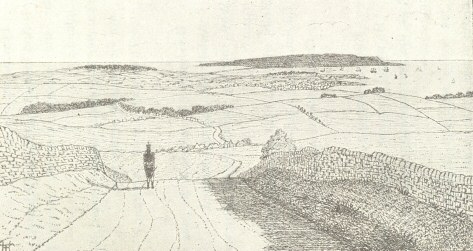 Sketch of person riding with wide landscape behind
