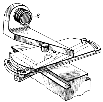 Figure 22.—A sine-bar device to modify the effective
lead of a master lead screw without introducing a complex mechanism
which would be both difficult to make and to operate within the required
close limits. Carl G. Olson’s (1933) U.S. patent 1901926.