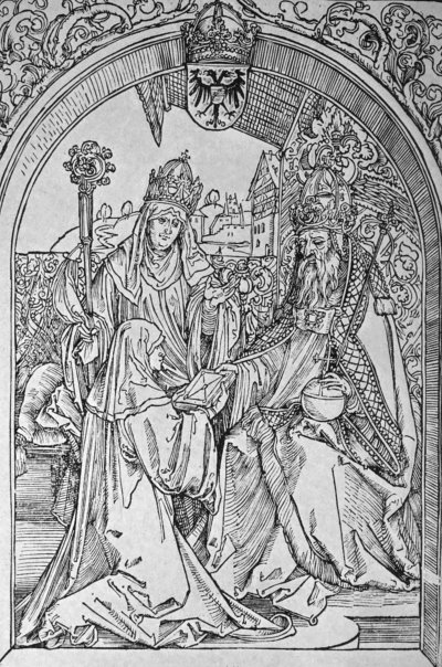 ROSWITHA PRESENTING HER POEM TO THE EMPEROR OTHO I.,
THE ABBESS OF GANDERSHEIM STANDING AT HER SIDE.