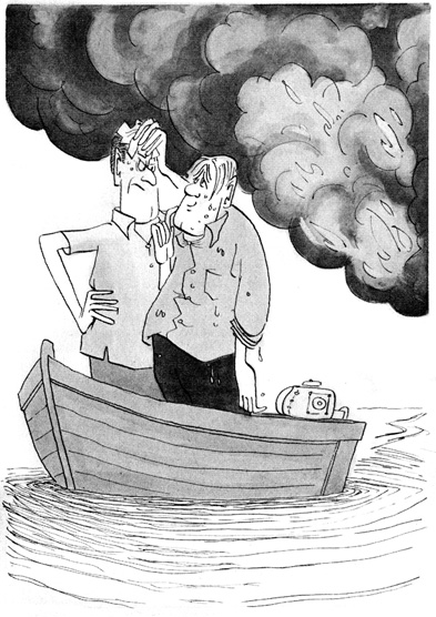 Two men in a small boat with billowing smoke in the distance.