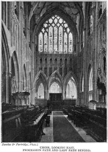 CHOIR, LOOKING EAST. PROCESSION PATH AND LADY PATH BEYOND.