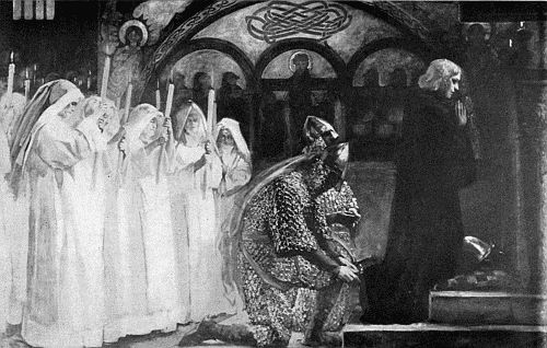 Copyright 1895 by E. A. Abbey; from a Copely print copyright 1896 by Curtis and Cameron.

OATH OF KNIGHTHOOD.