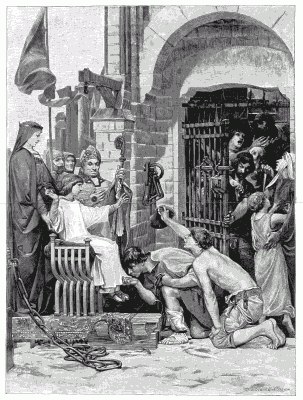 THE YOUNG SAINT-LOUIS AND HIS MOTHER, BLANCHE OF CASTILLE, DELIVERING ECCLESIASTICAL PRISONERS FROM NOTRE-DAME. From a painting by L. O. Merson.