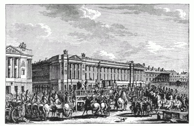 EXECUTION OF LOUIS XVI, JANUARY 21, 1793, PLACE DE LA CONCORDE. MINISTRY OF THE MARINE IN BACKGROUND. After a contemporary engraving by Swebach.