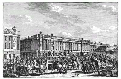 EXECUTION OF LOUIS XVI, JANUARY 21, 1793, PLACE DE LA CONCORDE. MINISTRY OF THE MARINE IN BACKGROUND. After a contemporary engraving by Swebach. EXECUTION OF LOUIS XVI, JANUARY 21, 1793, PLACE DE LA CONCORDE. MINISTRY OF THE MARINE IN BACKGROUND. After a contemporary engraving by Swebach.