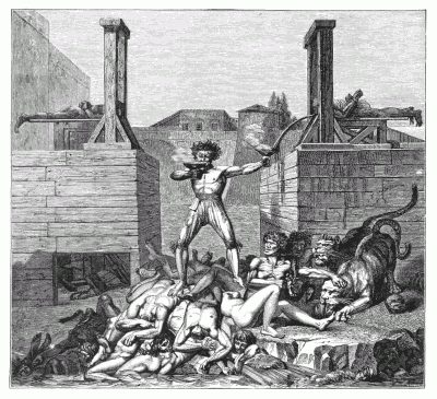 THE "FORMES ACERBES." After a drawing by Lafitte. Expression used by Barère in his defence of Joseph Le Bon: "If Le Bon
had employed formes acerbes, he had at least shown his devotion to the
Republic." Le Bon caused the execution of more than fifteen hundred
persons; it was he who installed an orchestra at the foot of the
guillotine. THE "FORMES ACERBES." After a drawing by Lafitte. Expression used by Barère in his defence of Joseph Le Bon: "If Le Bon
had employed formes acerbes, he had at least shown his devotion to the
Republic." Le Bon caused the execution of more than fifteen hundred
persons; it was he who installed an orchestra at the foot of the
guillotine.