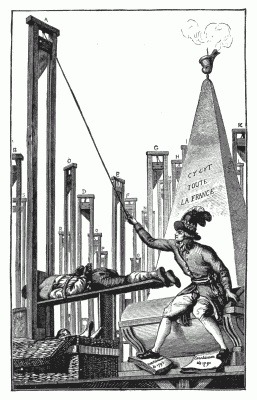ROBESPIERRE GUILLOTINING THE EXECUTIONER. From an engraving in the collection of M. Félix Perin. "Robespierre, after having had all the French guillotined, beheads the
executioner with his own hand." This caricature cost the engraver his
life.