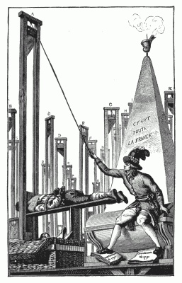 ROBESPIERRE GUILLOTINING THE EXECUTIONER. From an engraving in the collection of M. Félix Perin. "Robespierre, after having had all the French guillotined, beheads the
executioner with his own hand." This caricature cost the engraver his
life. ROBESPIERRE GUILLOTINING THE EXECUTIONER. From an engraving in the collection of M. Félix Perin. "Robespierre, after having had all the French guillotined, beheads the
executioner with his own hand." This caricature cost the engraver his
life.