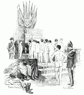 SCENE IN A MAIRIE DURING THE PHYSICAL EXAMINATION OF MILITARY CONSCRIPTS. After a drawing by Pierre Vidal.