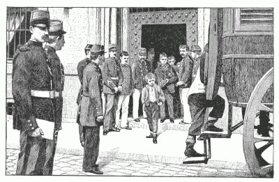 DEPARTURE FROM THE "DÉPÔT" FOR THE HOUSE OF DETENTION—LA PETITE-ROQUETTE. After a drawing by E. Vavasseur. DEPARTURE FROM THE "DÉPÔT" FOR THE HOUSE OF DETENTION—LA PETITE-ROQUETTE. After a drawing by E. Vavasseur.