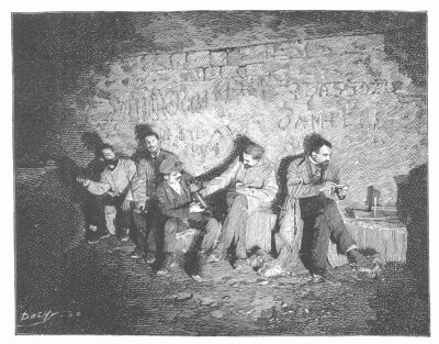 PARTY OF STUDENTS LUNCHING DURING A VISIT TO THE CATACOMBS. Engraved from a flash-light photograph.