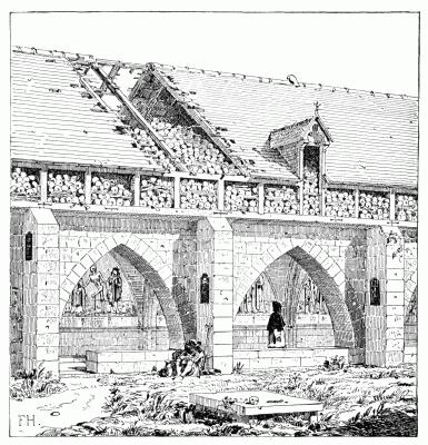 CLOISTERS OF THE CHURCH DES INNOCENTS, SHOWING UPPER PORTIONS CONTAINING HUMAN SKULLS, AND THE FRESCOES OF THE "DANSE MACABRE." CLOISTERS OF THE CHURCH DES INNOCENTS, SHOWING UPPER PORTIONS CONTAINING HUMAN SKULLS, AND THE FRESCOES OF THE "DANSE MACABRE."