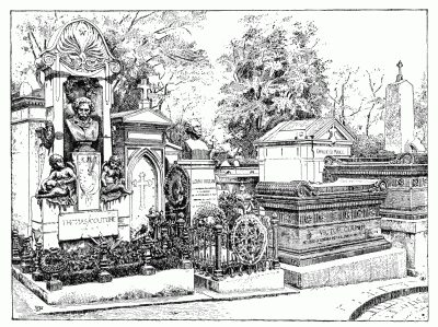 A CORNER IN THE CEMETERY OF PÈRE-LACHAISE: TOMBS OF COUTURE, THE PAINTER; LEDRU-ROLLIN, THE STATESMAN; COUSIN, THE PHILOSOPHER; AND AUBER, THE COMPOSER. Drawn from a photograph.