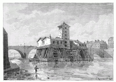 THE PUMPS OF PONT NOTRE-DAME, FROM THE QUAI DE GESVRES, AS THEY APPEARED IN 1861. THEY WERE DEMOLISHED IN 1866. From a drawing by H. Toussaint, after a contemporary engraving.