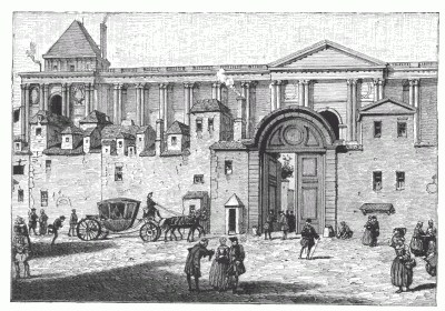 BUILDING OF THE POST-OFFICE, OPPOSITE THE COLONNADE OF THE LOUVRE, SEVENTEENTH CENTURY. From an old engraving.