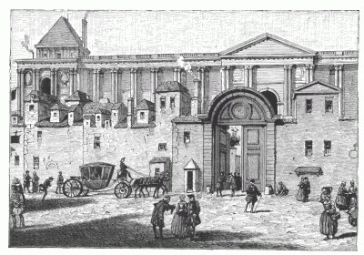 BUILDING OF THE POST-OFFICE, OPPOSITE THE COLONNADE OF THE LOUVRE, SEVENTEENTH CENTURY. From an old engraving. BUILDING OF THE POST-OFFICE, OPPOSITE THE COLONNADE OF THE LOUVRE, SEVENTEENTH CENTURY. From an old engraving.