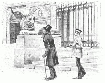 AN "IMMORTAL" AT THE ENTRANCE TO THE INSTITUT DE FRANCE. After a drawing by Émile Bayard.