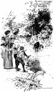 Miss Loring is with two boys, one of whom is playfully readying to toss something in the air, and the other is pointing at the pig and piglets coming out of the woods.