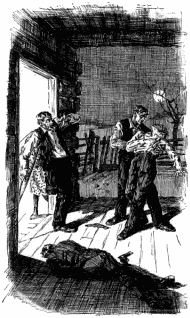 A scene outside Marrs' home. Todd is lying facedown on the ground. Blant is holding up Rich. Blant's father standing in the door, with someone else behind him. A full moon is visible in the sky.