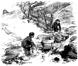 Geordie is by the stream with a wooden contraption in the process of making marbles. Hen is nearby observing.