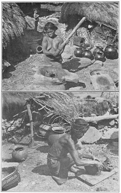 (a) Macerating the clays in a wooden mortar; (b) Beginning a pot
