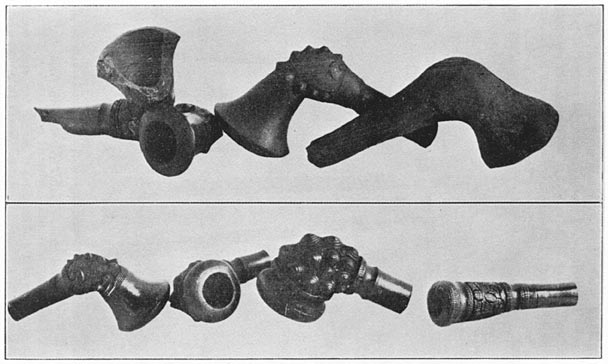 Agawa clay pipes. (Those in the lower row are finished.)