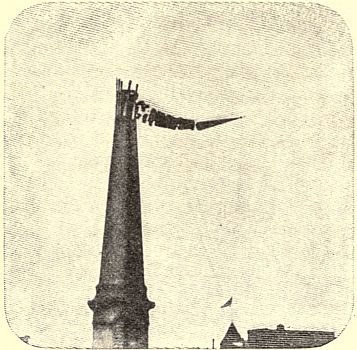 PICTURE OF THE FALLING STEEPLE, PHOTOGRAPHED JUST AFTER THE DYNAMITE EXPLODED. THE FALLING SECTION WAS 35 FEET IN LENGTH AND WEIGHED 35 TONS.
