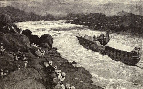 HAULING A STEAMER UP THE NILE RAPIDS.