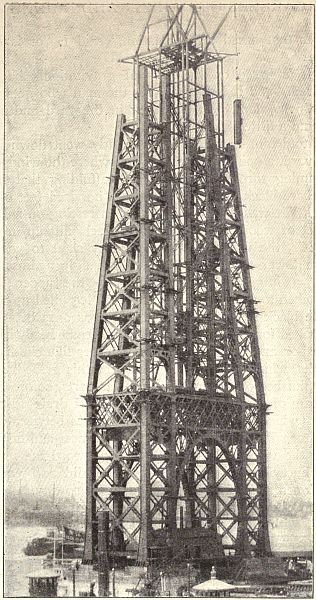 THE WORK OF THE BRIDGE-BUILDERS. A TOWER OF THE NEW EAST RIVER BRIDGE. THIS PHOTOGRAPH ALSO ILLUSTRATES THE NARROW ESCAPE OF JACK MCGREGGOR ON THE SWINGING COLUMN. (SEE PAGE 192.)