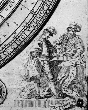 Figure 14.—The bottom right corner of the dial plate,
showing two noblemen contemplating an orb, with the inscription "Diligit
Avdaces Trepidos Fortvna Repellet." (Fortune favors the daring and
rejects the timid.)
