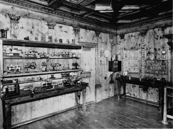 Figure 23.—Interior of Bertolla's workshop, showing the
main workbench and the collection of clockmakers' tools. (Courtesy of
Museo Nazionale della Scienza e della Tecnica, Milan.)