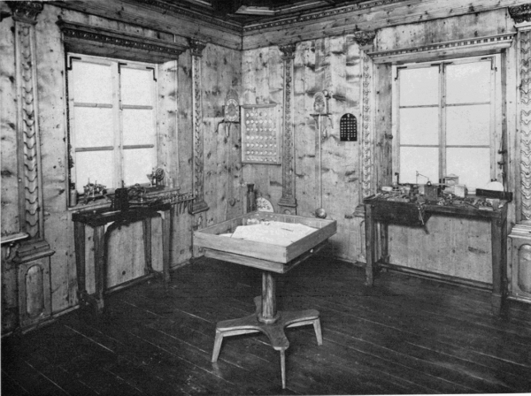 Figure 25.—Interior of Bertolla's workshop, showing
details of paneling and floor case with Bertolla manuscripts. (Courtesy
of Museo Nazionale della Scienza e della Tecnica, Milan.)