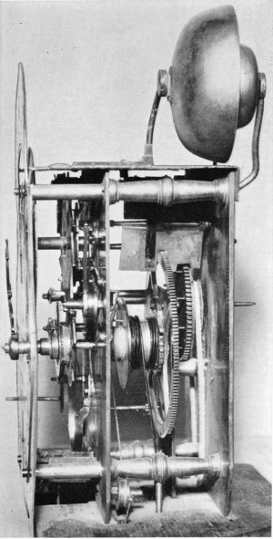 Figure 35.—Movement of brass lantern clock produced by
Bertolla at the age of 80, showing details of movement and double bell.
(Courtesy of Museo Nazionale della Scienza e della Tecnica, Milan.)