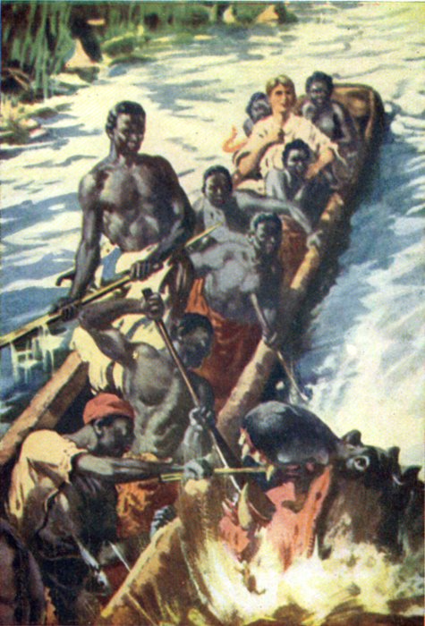 Illustration: THE CANOE WAS ATTACKED BY A HUGE HIPPOPOTAMUS